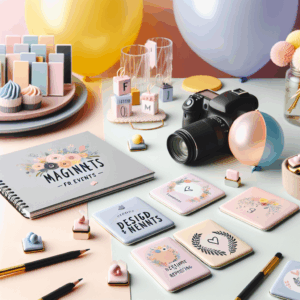 מגנטים מעוצבים לברית המונחים ליד מצלמה מקצועית ובלונים צבעוניים, אווירה חגיגית ומודרנית – מושלם לאירוע מזכרת בלתי נשכחת