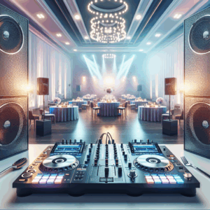 עמדת דיג'יי לבת מצווה, עם קונסולה מקצועית, רמקולים, אורות צבעוניים ורחבת ריקודים מעוצבת, המשדרים אווירה של חגיגה ושמחה לאירוע לבת מצווה.