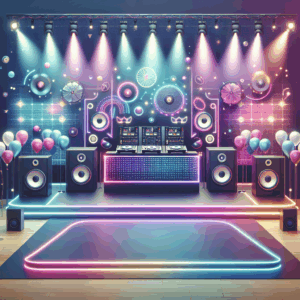 עמדת דיג'יי מקצועית באולם מעוצב עם ציוד דיג'יי, תאורה צבעונית, מסכי אפקטים ובלונים, מושלם לאירוע בת מצווה עם דיג'יי מפעיל.