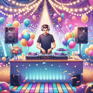 עמדת דיג'יי צבעונית ומודרנית עם ציוד סאונד ברחבת בת מצווה מוארת ומקושטת, המשדרת אווירת מסיבה מקצועית, דיג'יי לבת מצווה שמרקיד את הרחבה