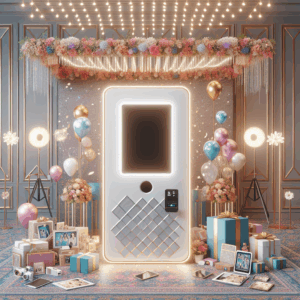 עמדת צילום סלפי מעוצבת בחתונה, עם מסך מגע ואביזרי צילום צבעוניים, מוקפת בעיצוב אלגנטי ופרחים, מדגישה את חשיבות עמדות הצילום באירוע.