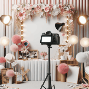 עמדת צילום מעוצבת ומודרנית לחתונה עם קישוטי פרחים, מסך מגע, מצלמה מקצועית ואביזרי צילום חווייתיים מסביב, הממחישים חוויה מיוחדת ובלתי נשכחת לאורחי האירוע