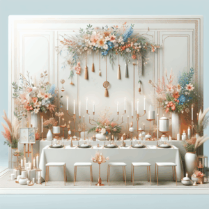 עיצוב מקווה מודרני עם קירות מקושטים בפרחים, שולחן מקווה מעוצב עם כלים ונרות, ותפאורה צבעונית בסגנון חינה חגיגי, לאירוע ערב מקווה מרשים ומלא השראה